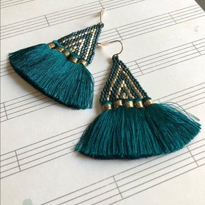 Teal and gold bead and tassel earrings - like new!